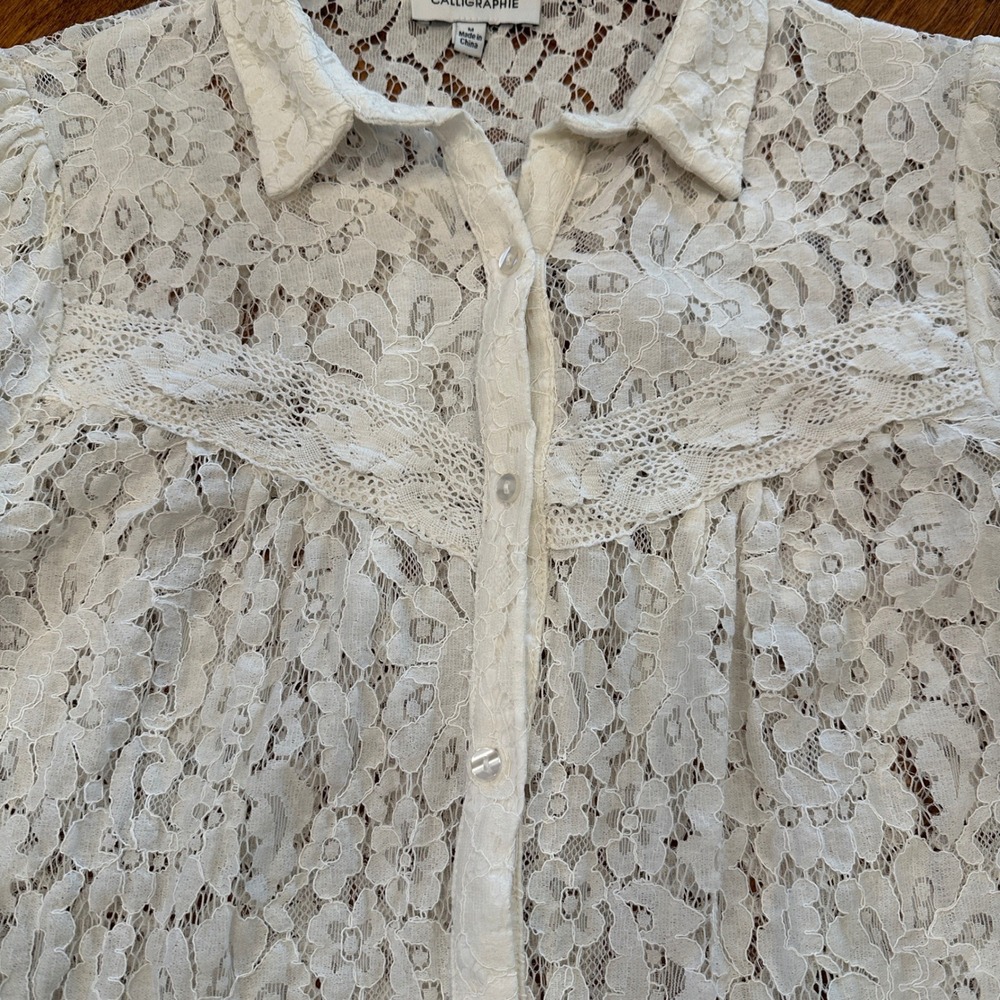 Anthropologie Calligraphie Lace Button Up Shirt Cream‎ Romantic Sheer Blouse M - Picture 5 of 12